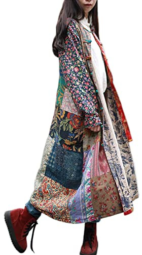 LUZU JUNU Women's Trench Coat Floral Print Long Cotton Linen Jacke Cottagecore Clothing Patchwork Outwear Bohemian unique(US, Alpha, Large, Regular, Regular, Vintage Grey)