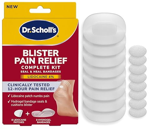 Dr. Scholl’s Blister Pain Relief Complete Kit, 8 ct - The Only Blister Treatment with an Active Pain Reliever, Seal & Heal Bandages with Hydrogel Technology, Blister Pads, 4% Lidocaine to Numb Pain