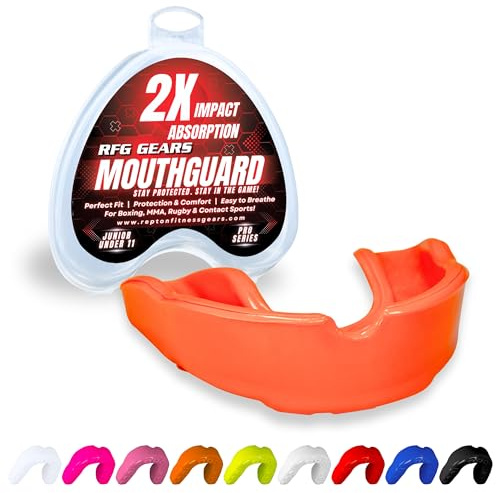 Mouthguard, Adult and Junior Gum Shield Slim Fit with Case for Boxing, Martial Arts, Judo, MMA, Rugby, Karate, Hockey and Other Contact Sports (Orange, Junior (Under 11))