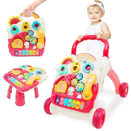 Sit-to-Stand Learning Walker 3 in1 Baby Walker Early Education Activity with Weight Gain Design Sounds Music Phone Multifunctional Removable Play Panel Educational Push Toy Gift for Boys Girls（Pink）