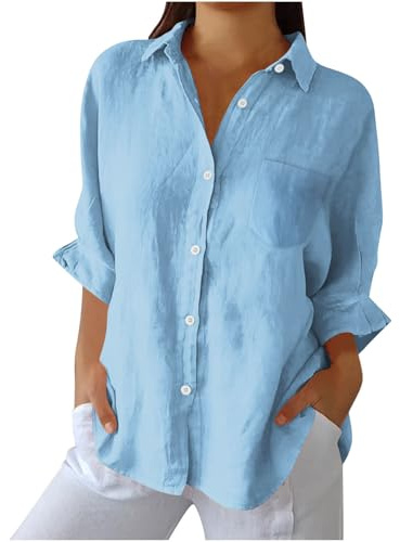 Camicia Donna Estiva Elegante Blusa Cotone Lino Manica Lunga Camicette Donna con Bottoni e Tasca Lavoro Casual Top Camicetta da Spiaggia Tinta Unita Classico