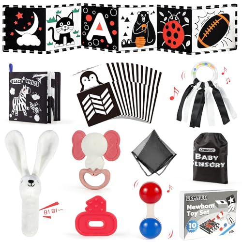 29pcs Newborn Toys Set, Baby Toys 0-6 Months, Plush Rabbit, Rattle Toys,Sensory Cards,Teething,Book,Baby Essentials for Newborn 0-6-12 Months Easter Gifts for Baby Baskets(Black and White with card)