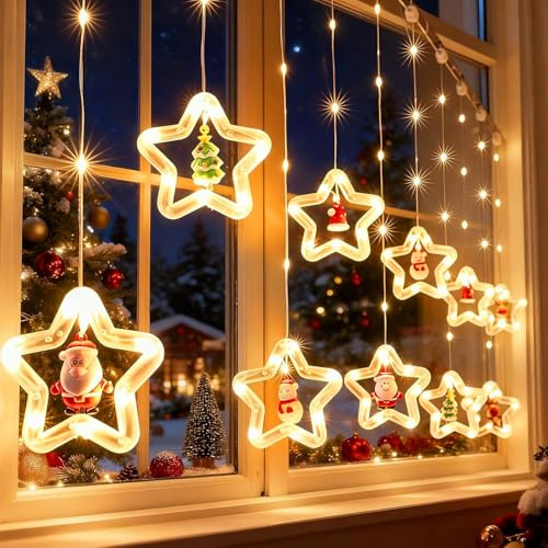 Fohil Tenda Luminosa Natale, 100LED Stelle Luci Tenda Natale Interno 8 Modalità Catena Luminosa Interno Impermeabile Finestre Luci Natalizie per Albero Balcone Giardino Decorazione Natalizia