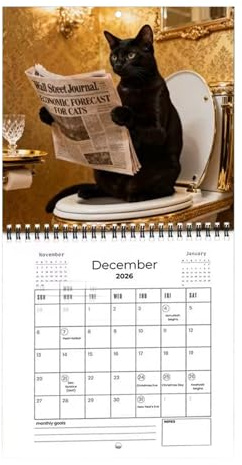 Rolig kalender 2026 - med randiga anteckningsblock | Kattunge-kalender läser tidning - för heminredning kontor skola organisation möteskalender jul