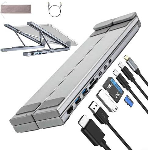 Laptop dockningsstation 8-i-1 USB-C justerbart aluminiumstativ med 4K, USB 3.0, dubbel USB-C PD 100 W snabbladdning, SD/TF-kortplatser, ergonomisk design för Business Tra