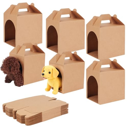 BENECREAT 40Pcs Adopt Dog Party Favor Boxes, 12x10x16cm/4.7x3.9x6.3 Inch Foldable Gift Boxes with Handle Bulk for Puppy Pet Adoption, DIY Crafting, Birthday Party Supplies, Brown
