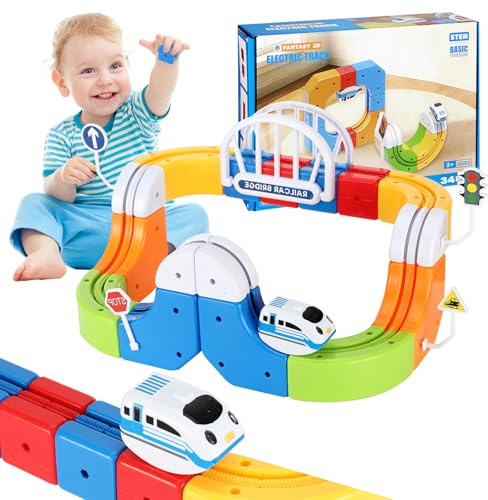 Collazoey Set de Tren Eléctrico para Niños 34 Piezas, DIY Cube Track, con Diseños 3D Que Defienden la Gravedad, con Pista Flexible de Carreras, Juguetes de Carreras para Niños Mayores de 3 Años