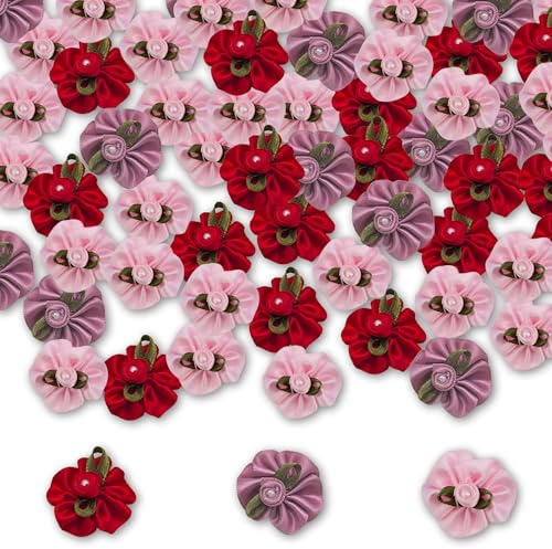 90 Pezzi Mini Rose di Nastro, Rose in Tessuto di Raso con Foglia, Fiori Artificiali in Nastro di Raso per Fai da Te Cucito Artigianato Decorazioni Matrimonio Regali