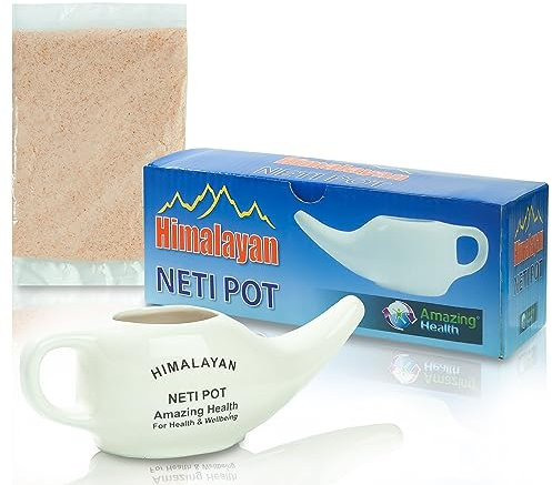 Amazing Health Ceramic Neti Pot and Himalayan Neti Salt - Naturally Helps Nasal Flushing, Sinus Issues and Allergies