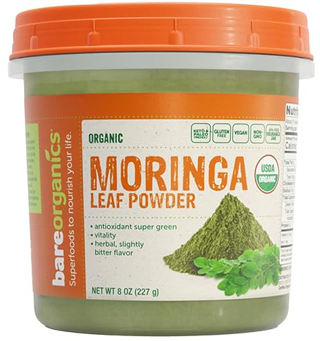 BareOrganics Moringa Leaf Superfood Powder, Organic, Vegan Supplement, 8 Ounces