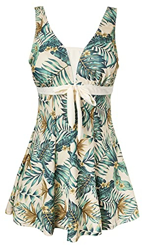 Ecupper Baño Enterizo de Mujer con Falda y Cordón Bañador Enterizo Ajustado y Adelgazante con Escote en V Crema y Verde XL