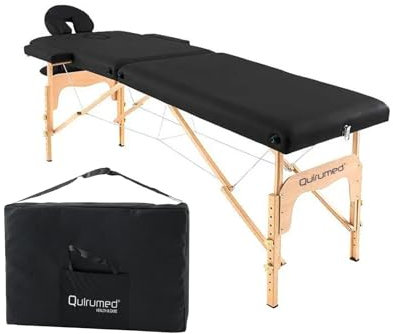 Quirumed Easy Klappmassagetisch aus Holz, Farbe Schwarz, 186 x 66 cm, Massagetisch, Physiotherapie-Massage, Kunstleder, Gelenkkopf, höhenverstellbar, 2 Abschnitte