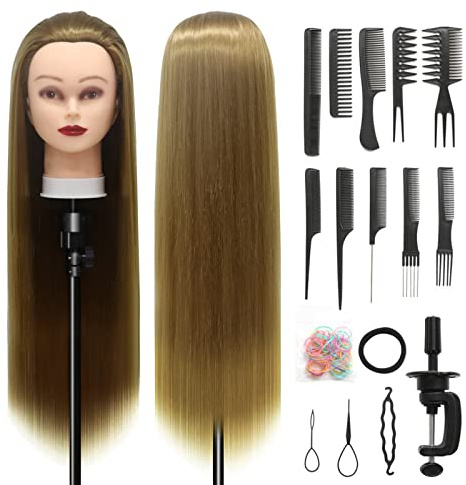 Träningshuvud, 28 inch Frisörsträningshuvud 100% syntetisk fiber hår styling huvud, träningshuvud frisör huvud med gratis klämma och DIY flätning set (#27)
