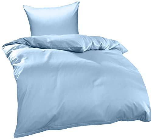 Bettwaesche-mit-Stil Mako Interlock Jersey Bettwäsche Garnitur Uni/enfarbig 100% Baumwolle 135x200 + 80x80 cm, Himmelblau