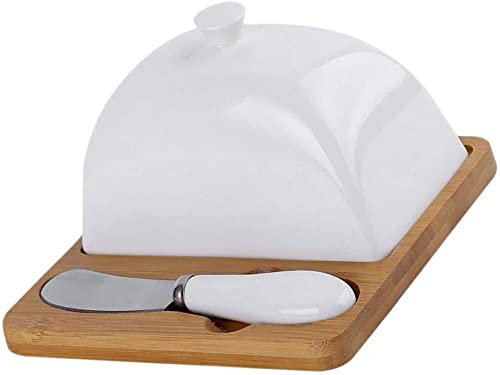 NOVSKI Butterdose mit Deckel und Messerstreuer Set Keramik Butterhalter Behälter mit Holzplatte für Butter Küche Restaurant