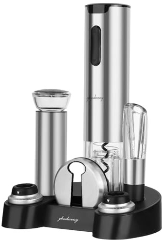 Electric Wine Opener Set with Stand, Wine Gift Set with Rechargeable Wine Opener, Wine Aerator, Foil Cutter, Vacuum Pump and 2 Stoppers, 7-in-1 Wine Bottle Opener Set for Home Party Bar Outdoor Gift