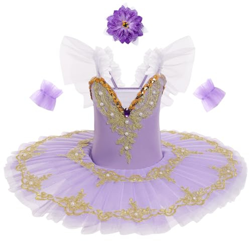 IBTOM CASTLE Maillot Ballet Niña Pluma Bordada Disfraz Bailarina Tutu Princesa Elegante Mallot Patinaje Artistico Competicion Niña Violeta 3 Piezas 7-8 Años
