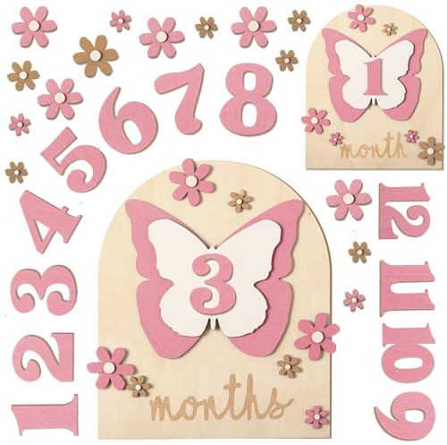 Wonderjune 26 Pcs Baby Monthly Milestone Cards Set, 7 x 6 Inch Wooden Monthly Milestone Discs Milestone Wooden Circles One Month Baby Sign Milestone for Girl(Butterfly)