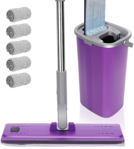 Masthome Wischmopp Set mit Eimer,Wischer mit Auswringfunktion und 138CM Edelstahl Griff,Bodenwischer Set mit 5 Mikrofaser Pads,Putzeimer mit Wischmop,Floor Mop Set für Bodenreinigung-Violett