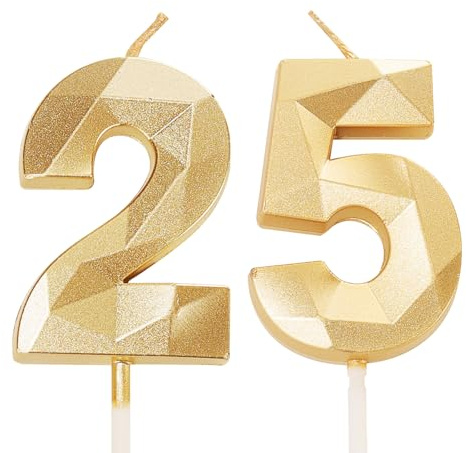 Bougies d'anniversaire en forme de chiffre 25 doré - Pour garçons et filles, femmes, hommes - Décoration de gâteau pour fête d'anniversaire de 25 ans, anniversaire de mariage - Fournitures de
