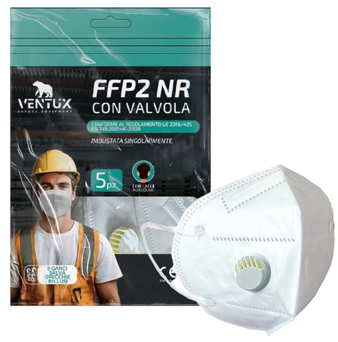 VENTUX SAFETY EQUIPMENT 5 Mascherine FFP2 con Valvola | Filtrazione >94% || Ideali per Ambienti specifici || Monouso || Comfort e Sicurezza Certificati