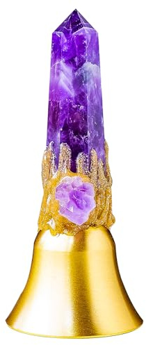 RJINGSHI Witches Bells with Natural Amethyst Crystal Tower - Solid Brass Altar Bell for Witchcraft, Spiritual Healing Rituals, Meditation and Sacred Pagan Decor