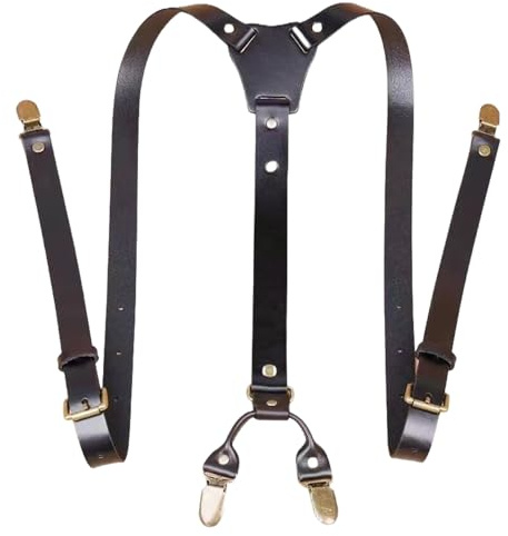 BaronHong Bretelle da uomo in pelle resistente, design a Y, regolabili, con 4 moschettoni in metallo, stile vintage, Marrone-B, M