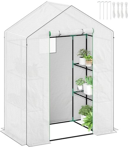 Outsunny Invernadero de Exterior Invernadero Pequeño de 3 Niveles con 6 Estantes Puerta Enrollable Cubierta de PE y Marco de Acero para Cultivos Plantas Flores 143x74x190 cm Blanco