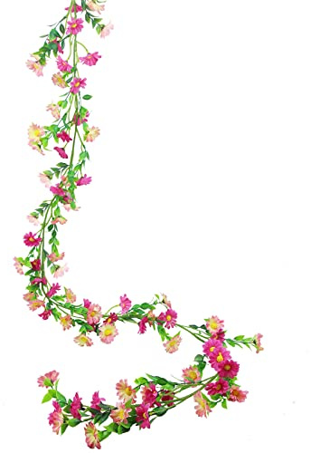 CEWUDA Ghirlanda Fiori Finti Rosa Scuro 200 cm Ghirlanda Primaverile Margherite Finte per Decorazioni Vite Piante Rampicanti Finte per Camere Mantello Giardino Festa Matrimonio Nozze Arco