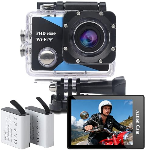 Nvgfelis WiFi Action Cam 1080P, Fotocamera Subacquea impermeabile 98FT/30M, Acion Camera con 2×1050 mAh Batteries Ricaricabili e Kit Accessori