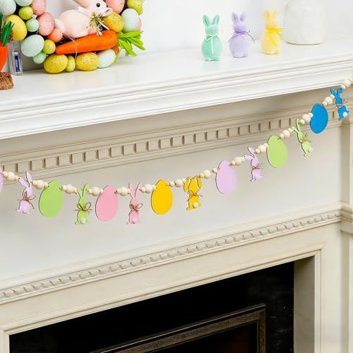 Fangoo Ghirlanda Rustica Colorate Pasquale con Coniglietti di Legno e Perline Decorazioni Vintage con Coniglietti Primaverili per Feste Pasquali Camino Mantello DIY Finestra Parete