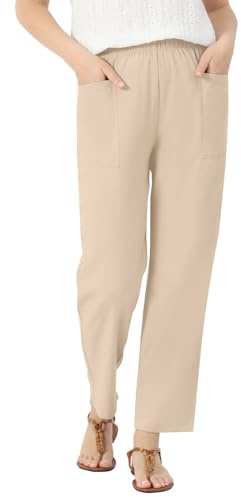 keriffe Linen Casual Pants for Women High Waist Elastic Summer Beach Vacation Outfits with Pockets Khaki