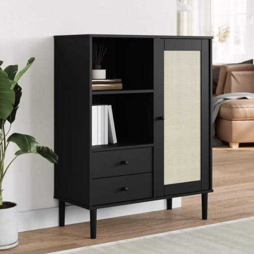 IBUQDDV Highboard Black Solid Pine Wood Engineered Wood Poly Rattan with 7 Compartments and 2 Drawers for Living Room Storage Modern Furniture