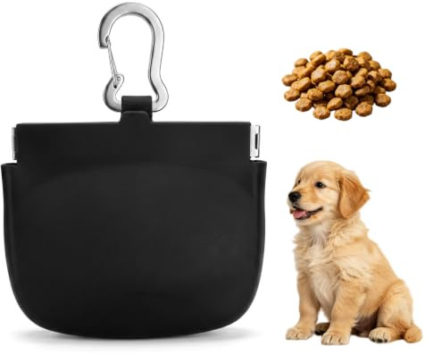 Dog Treat Pouch, Silicone Treat Pouch for Dog Training, Portable Training Treat Bag with Carabiner Clip, Leakproof Dog Walking Bag for Daily Walks, Travel and Outdoor Dog Training Sessions (black)