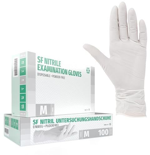 SF Guantes de nitrilo M blancos – 100 unidades, guantes desechables sin polvo, sin látex, médicos y de examen, aptos para cocina, limpieza, cosmética y uso doméstico
