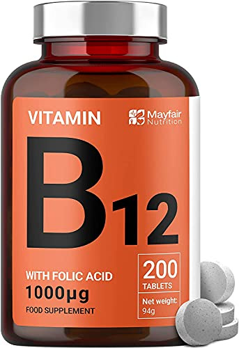 Vitamin B12 Supplements with Folic Acid - 200 Tablets of 1000 mcg Vegan B12 - Non-GMO & Gluten-Free - Made in UK