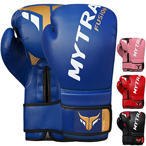 Mytra Fusion guantoni da boxe 10 oz 12 oz 14 oz 16 oz guantoni boxe per l'allenamento di pugni sparring Muay Thai guantoni Uomini e donne guanti boxe (Blue, 12-oz)