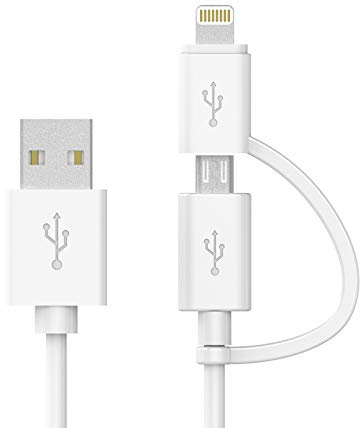 Apple MFi - Cable Lightning 2 en 1 para iPhone y cable de carga micro USB a USB, compatible con iPhone X, 8, 8 Plus, 7 Plus, cable de datos Android 2 en 1, blanco (6 pies)