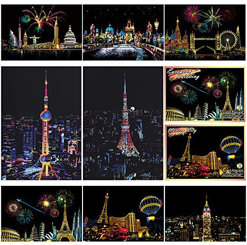 SiYear Scratch Paper Rainbow Painting Sketch, City Series Night Scene,Scratch Painting Creative Gift,Scratchboard for Adult and Kids with 4 Tools