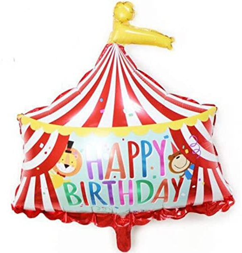 DIWULI Zirkus-Ballon Happy Birthday, Zirkus mit Tiere Folien-Luftballon süß, Rot Weiß Gelb für Kinder-Geburtstag, Mädchen Junge, Party-Deko, Dekoration, Geschenk-Deko, Tier-Ballon