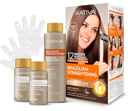 KATIVA Brazilian Keratin Treatment Kit at home Formaldehyde Free Hair Straightening with Hyaluronic Acid, Up to 12 Weeks Frizz Control for Curly, Wavy, Frizzy Hair (Straightening Kit)