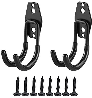 Tucireat Ganci Muro 2 Pezzi Gancio da Parete Garage Ganci da Parete Ganci da Parete per Garage a Doppio Gancio per Attrezzi Pesanti da Parete,con Viti,per Garage(Nero, 11,3 x 6,8 x 3,5 Cm)