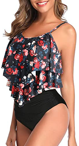 Genfien Dambaddräkt volang tvådelad hög midja bikini med hög midja badmode volang tryckt baddräkt, Röd blomma, XL