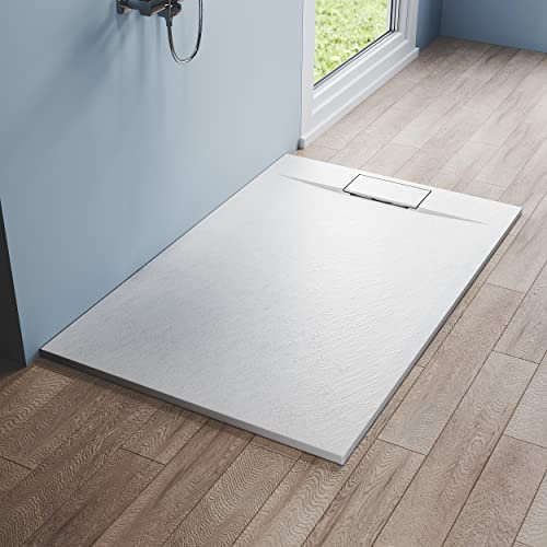 Piatto doccia 140 x 90 cm antiscivolo SMC piatto doccia piatto ritagliabile con sifone e copertura SMC, bianco minerale effetto ardesia
