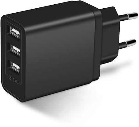 Cargador USB Multiple, 3-Puertos Enchufe USB 15,5W Adaptador de Corriente 5V3,1A, Compatible con iPhone 16 15 14 13 12 11 SE X XR XS, iPad, Galaxy, Pixel, Android, Tabletas (Negro)