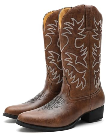 ANUFER Männer Stilvoll Gestickt Cowboy-Stiefel Western Absatz Spitze Zehe Slip-On Stiefel Mit Mittlerer Wade Braun SN071164 EU44.5