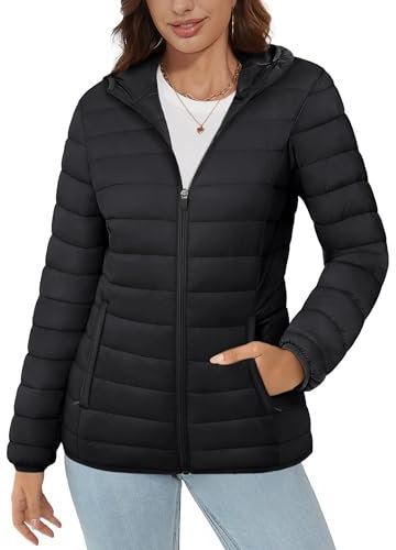 MAGCOMSEN Womens Hooded Puffer Jacket Full Zip Casual Down Coat Quilted Lightweight Padded Jacket for Ladies, Black, L
