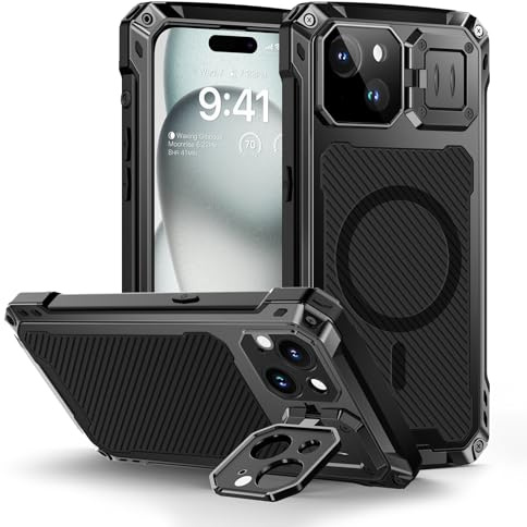 Lanhiem für iPhone 15 Hülle Magnetisch Metall Handyhülle mit Kameraschutz Ständer Robust Stoßfest Ganzkörper Militärstandard Schutzhülle Heavy Duty Case mit Eingebautem Displayschutz, Schwarz