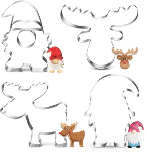 Ausstechformen Weihnachten, Wichtel Weihnachtsmann Plätzchen Ausstecher Set, Edelstahl Plätzchenausstecher Elch, 4 Stück Elchkopf Keksausstecher, Cookie Cutter Geschenke für Backen Fondant Torten