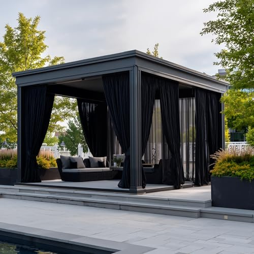 NICETOWN Outdoor Mosquito Net for Patio/Porch/Canopy/Gazebo/Balcony, 2 Panels Waterproof Mosquito Netting Outdoor Sheer Curtains Tulle Drapes with DIY Adjustable Length, Black, W59 x L84 inches